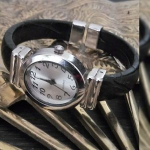 Black Leather Women's Bangle Cuff Watch